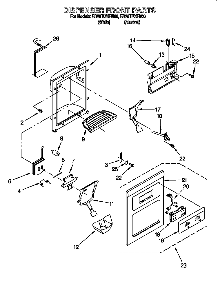 Whirlpool ED20TQXFN00 dispenser front diagram