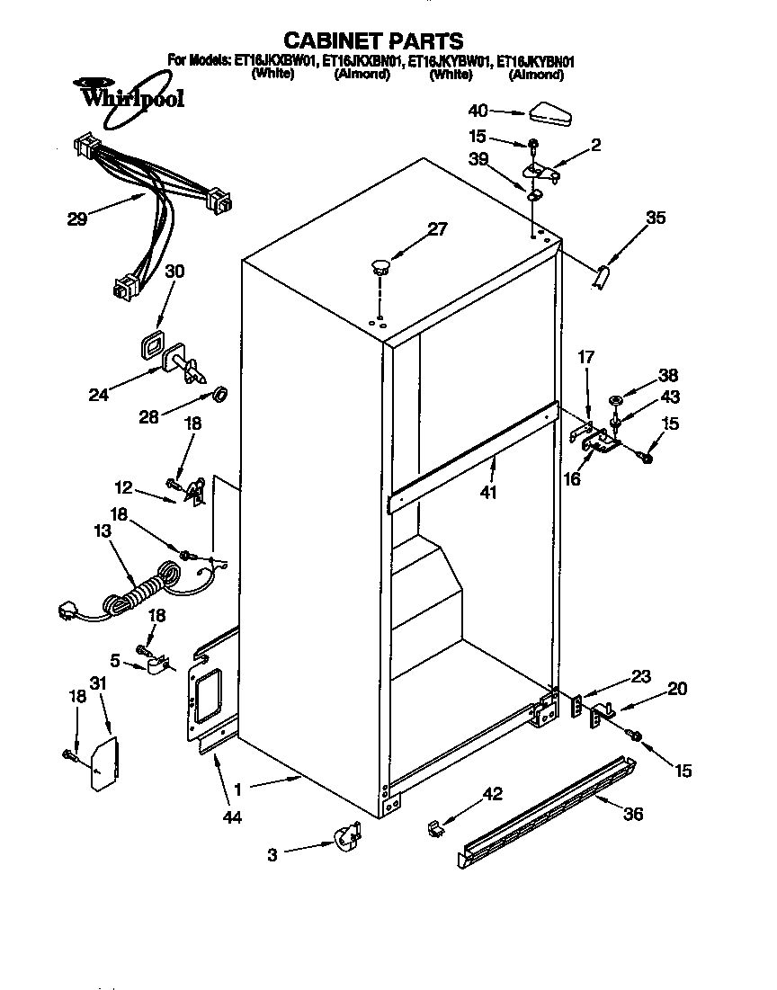 Whirlpool ET16JKXBN01 cabinet diagram