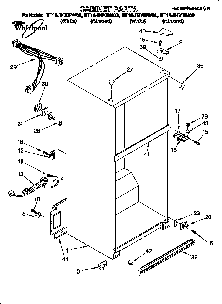 Whirlpool ET16JMXBW00 cabinet diagram