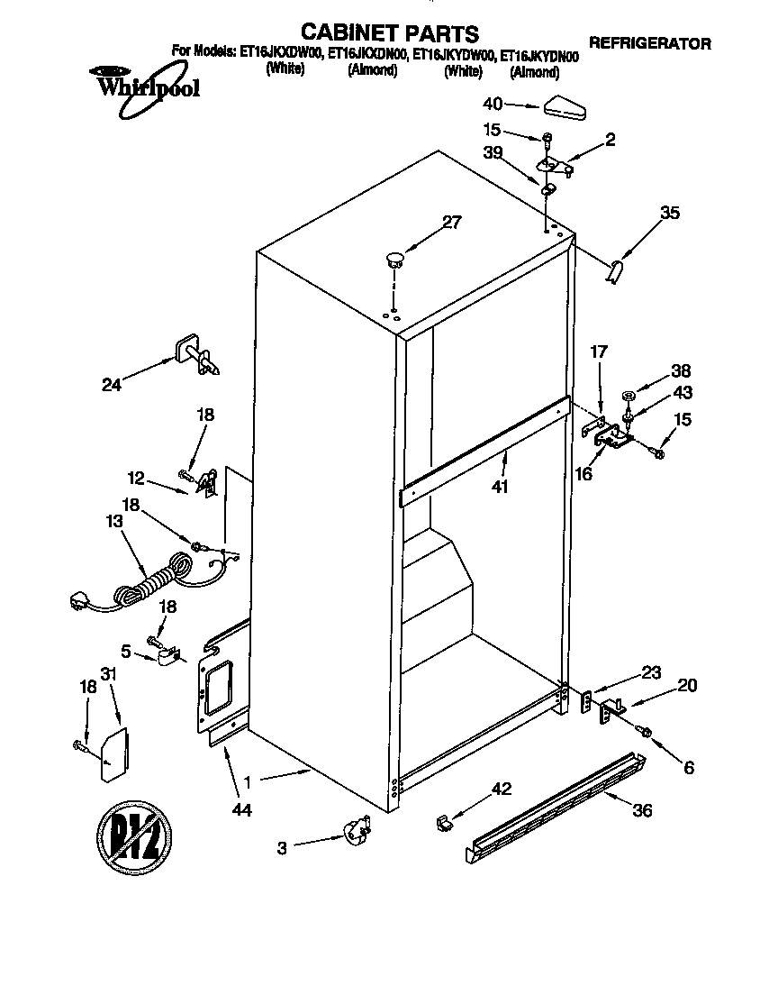 Whirlpool ET16JKYDN00 cabinet diagram
