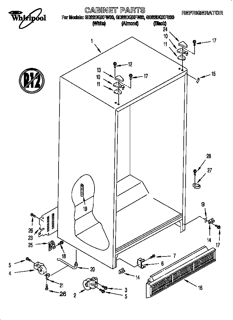 Whirlpool GD22DQXFW00 cabinet diagram