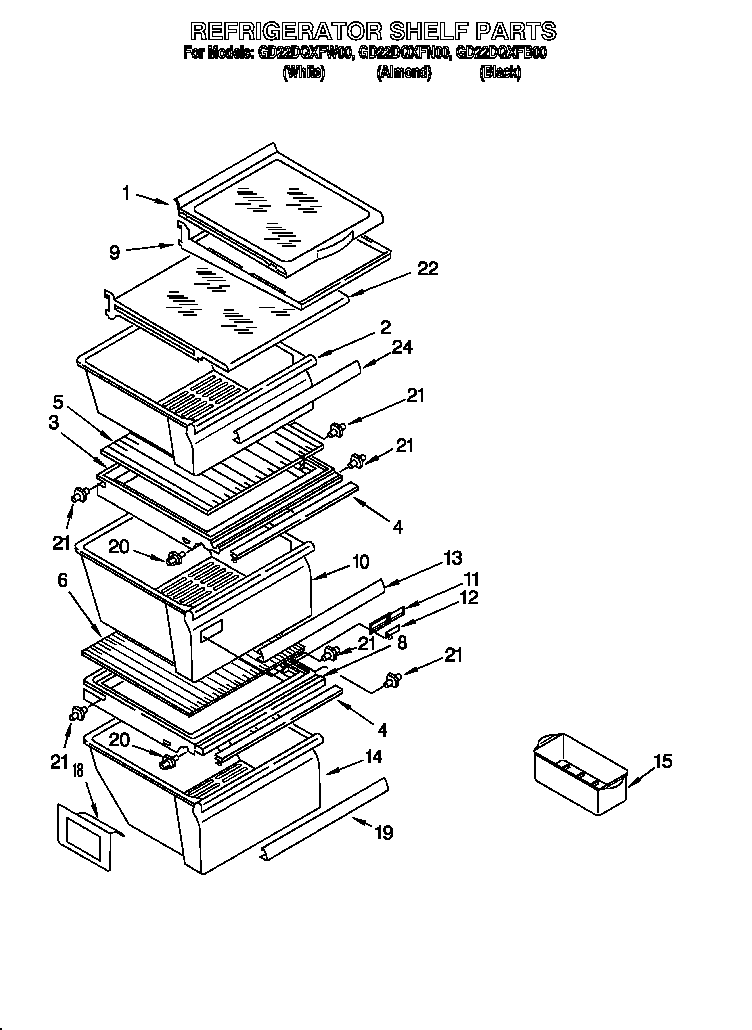 Whirlpool GD22DQXFW00 refrigerator shelf diagram