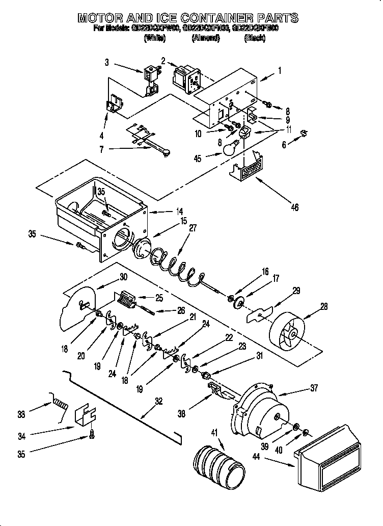 Whirlpool GD22DQXFW00 motor and ice container diagram