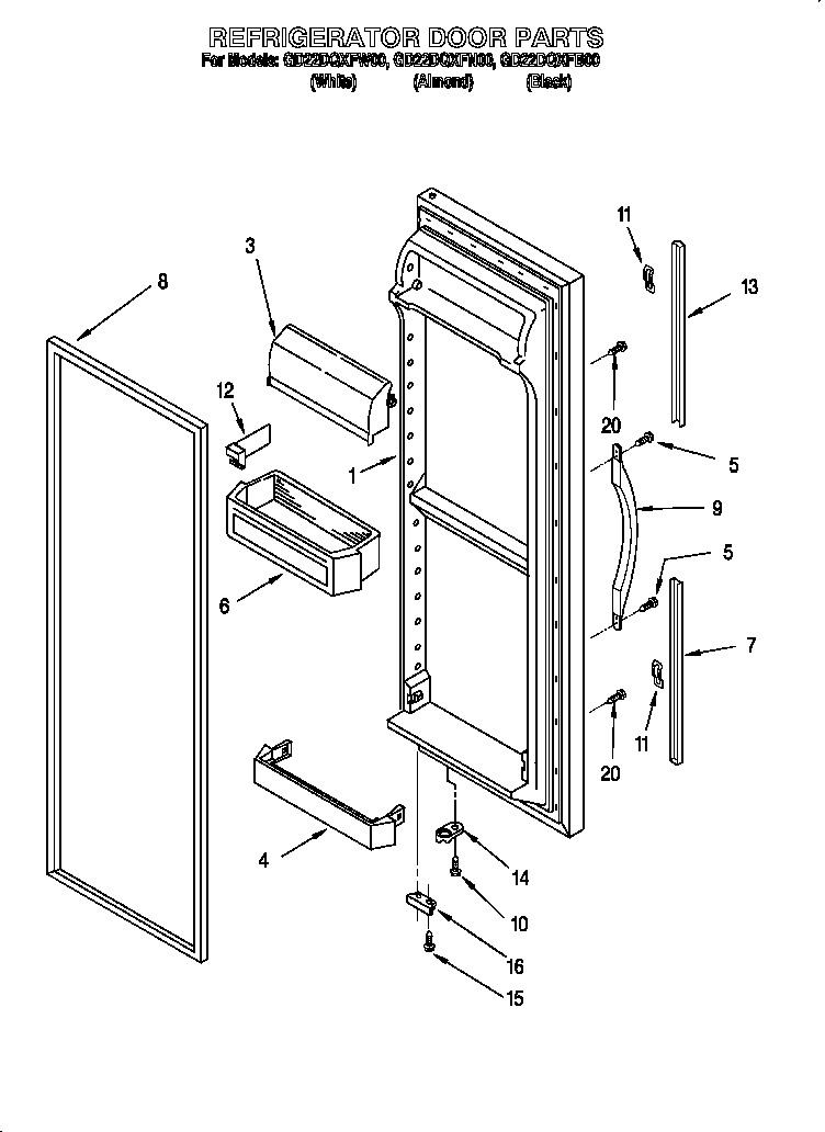Whirlpool GD22DQXFW00 refrigerator door diagram