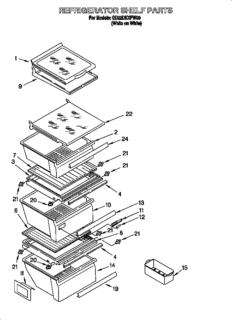 Whirlpool GD22DKXFW00 refrigerator shelf diagram