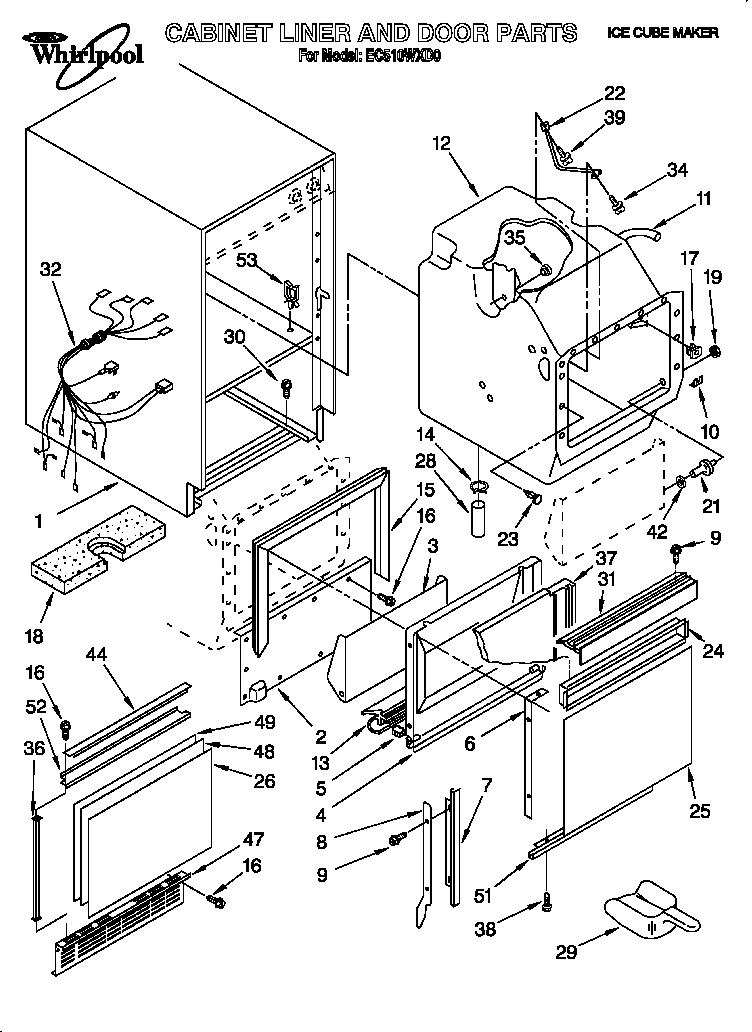 Whirlpool EC510WXD0 cabinet liner and door diagram