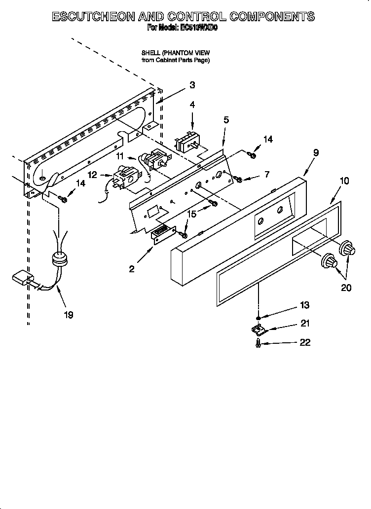 Whirlpool EC510WXD0 escutcheon and control components diagram