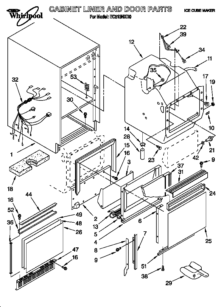 Whirlpool EC510NXD0 cabinet liner and door diagram