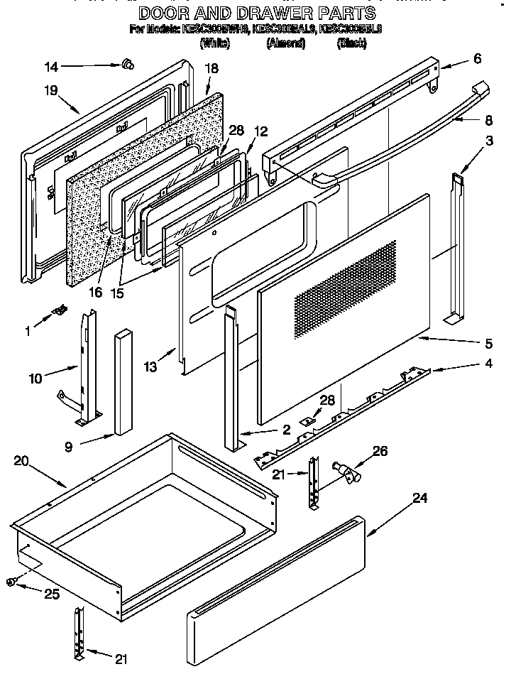 KitchenAid KESC300BWH9 door and drawer diagram