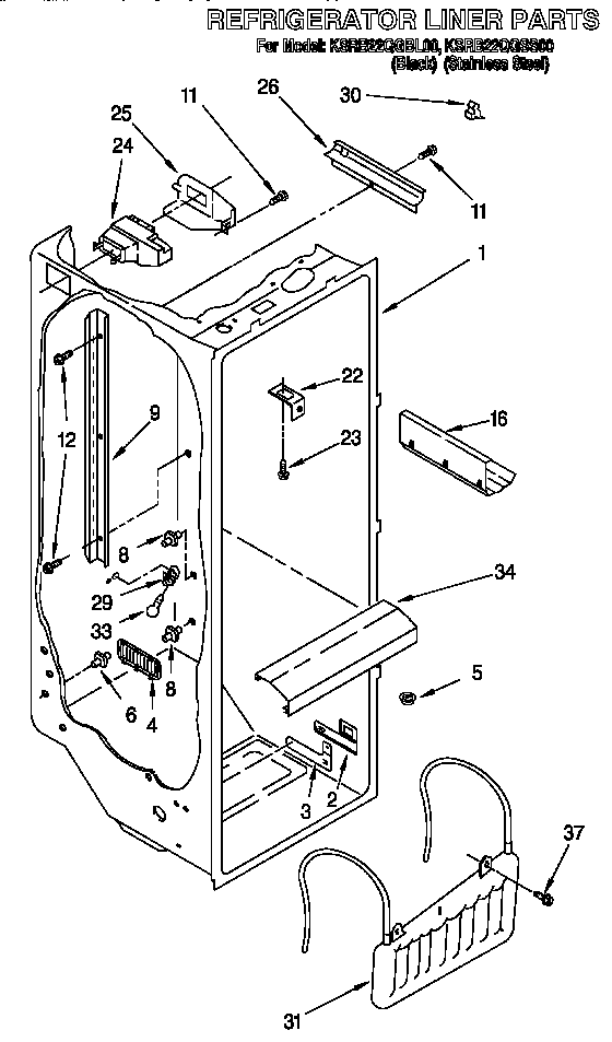 KitchenAid KSRB22QGBL00 refrigerator liner diagram