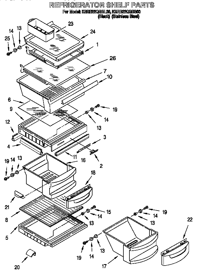 KitchenAid KSRB22QGBL00 refrigerator shelf diagram