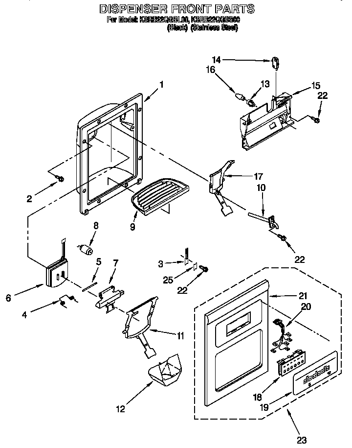 KitchenAid KSRB22QGBL00 dispenser front diagram