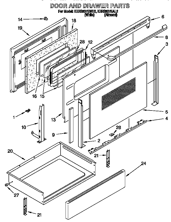 KitchenAid KERS507EWH2 door and drawer diagram