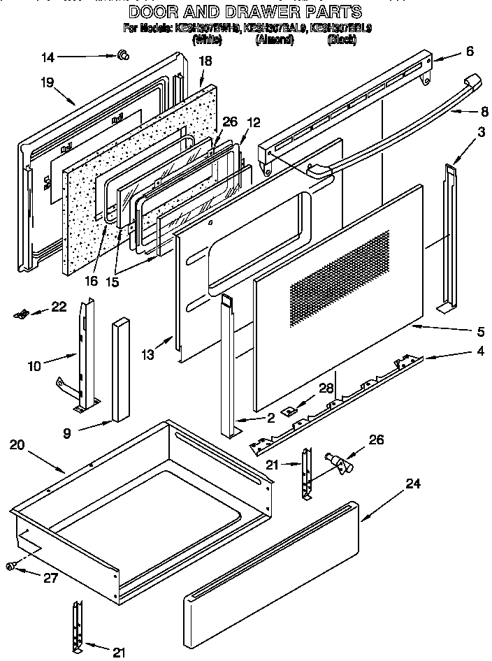 KitchenAid KESH307BBL9 door and drawer diagram