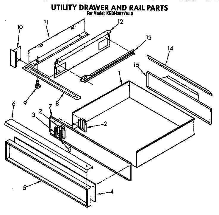 KitchenAid KEDH207YWH0 utility drawer and rail diagram