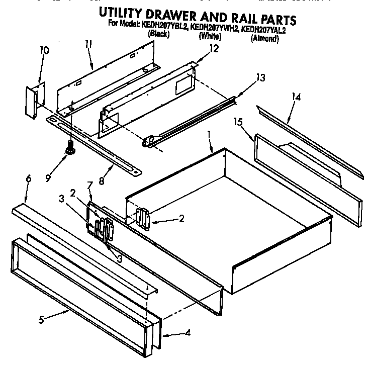 KitchenAid KEDH207YBL2 utility drawer and rail diagram