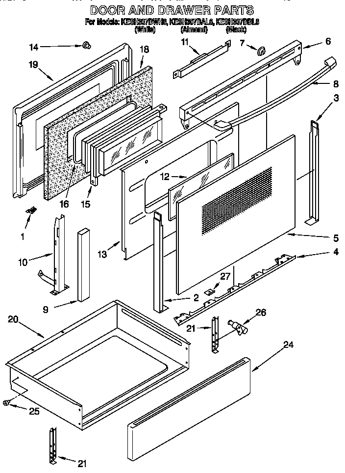 KitchenAid KESH307BBL6 door and drawer diagram