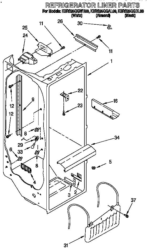 KitchenAid KSRS25QGBL00 refrigerator liner parts diagram