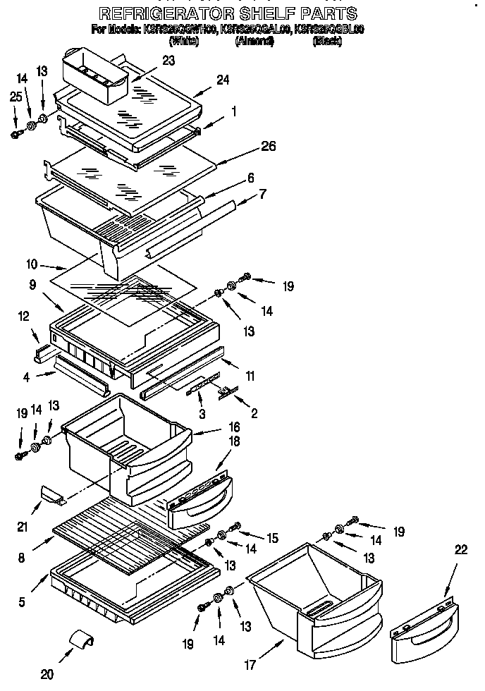 KitchenAid KSRS25QGBL00 refrigerator shelf parts diagram
