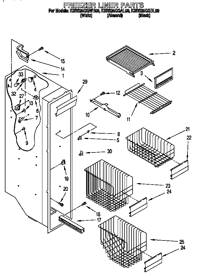 KitchenAid KSRS25QGBL00 freezer liner parts diagram