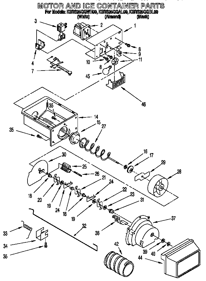 KitchenAid KSRS25QGBL00 motor and ice container parts diagram