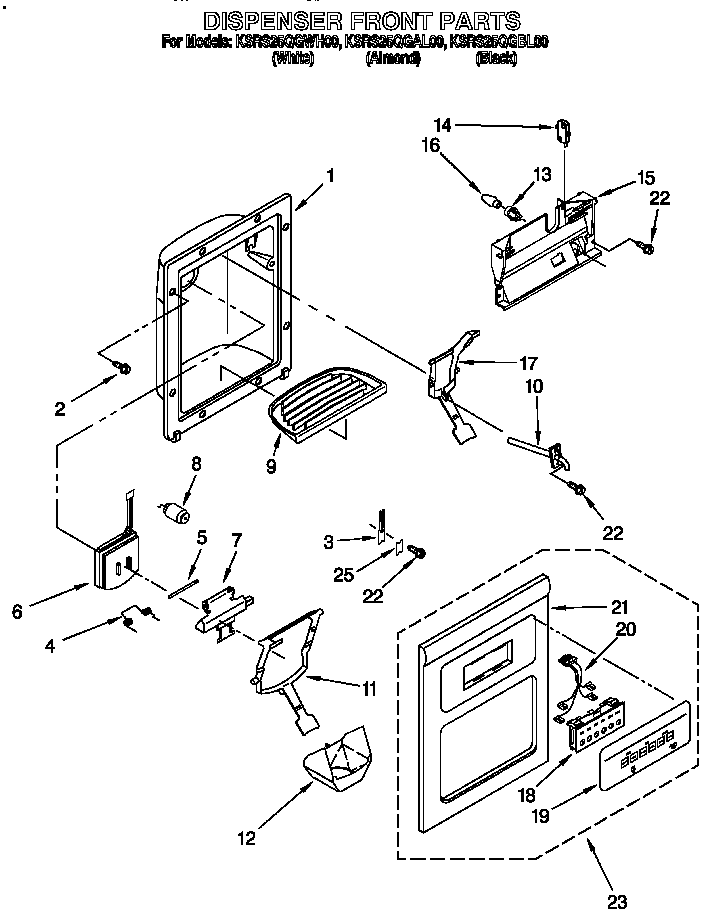 KitchenAid KSRS25QGBL00 dispenser front parts diagram