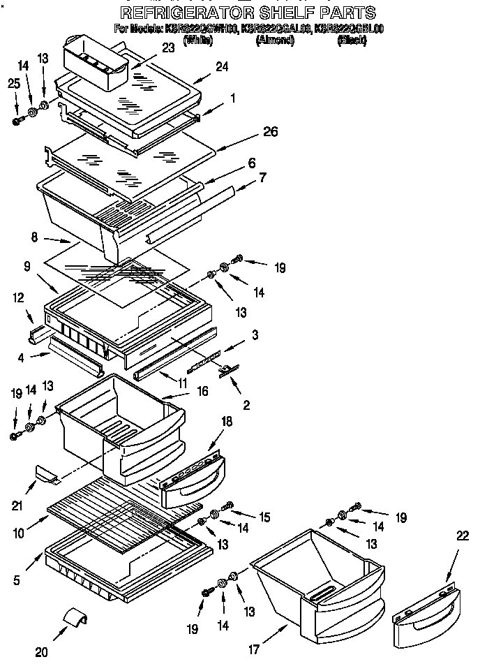 KitchenAid KSRS22QGAL00 refrigerator shelf diagram