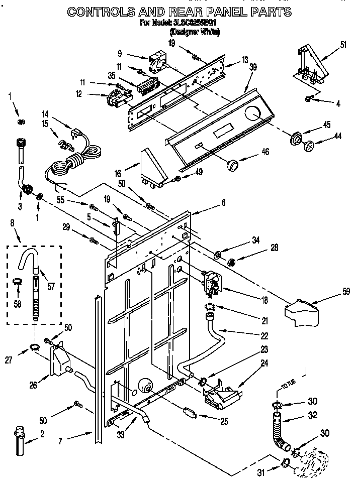 Whirlpool 3LSC8255EQ1 controls and rear panel diagram
