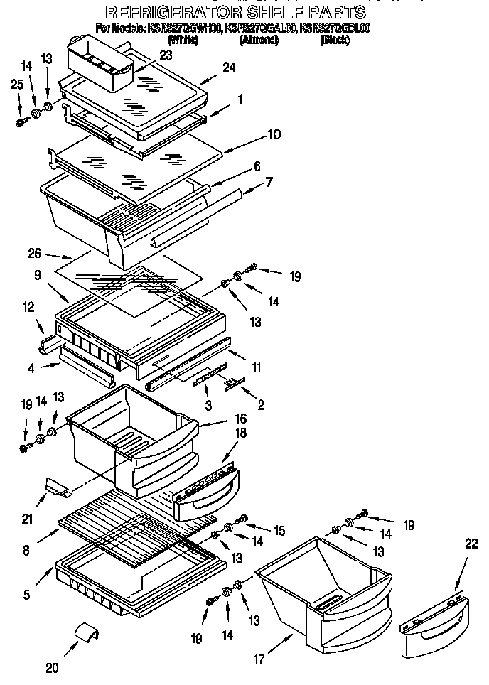 KitchenAid KSRS27QGAL00 refrigerator shelf diagram
