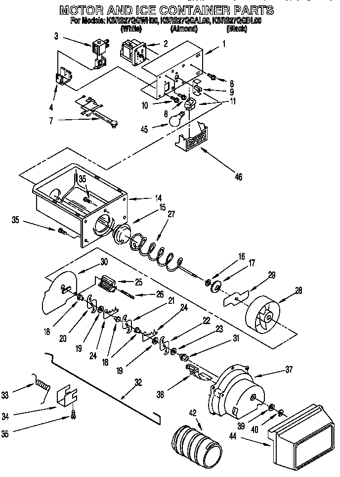 KitchenAid KSRS27QGAL00 motor and ice container diagram