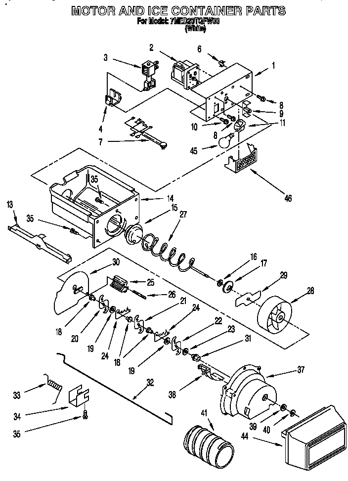 Whirlpool 7MED20TQFW00 motor and ice container diagram