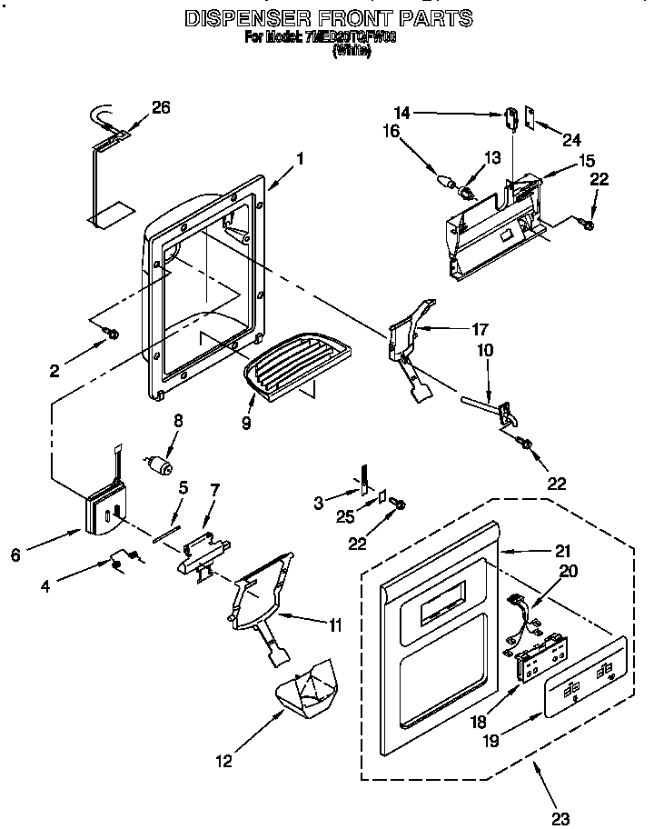 Whirlpool 7MED20TQFW00 dispenser front diagram