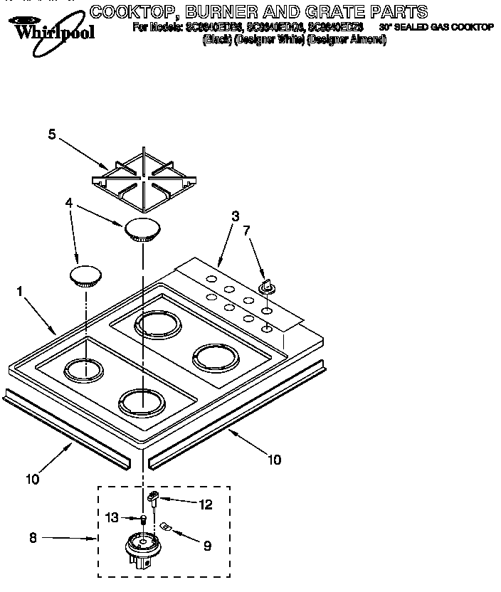 Whirlpool SC8640EDZ6 cooktop,burner,grae diagram