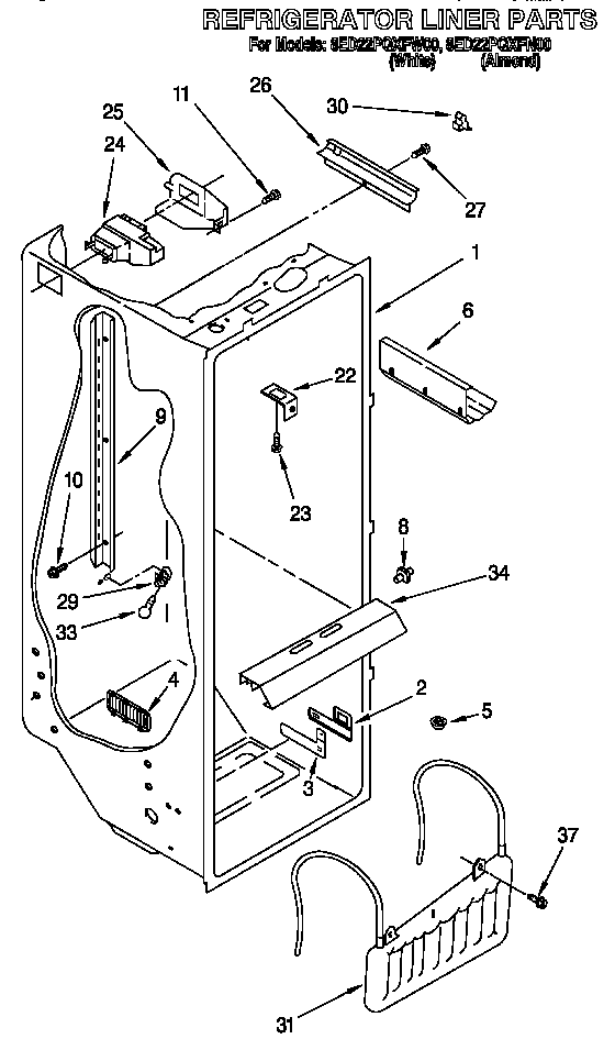 Whirlpool 8ED22PQXFN00 refrigerator liner diagram
