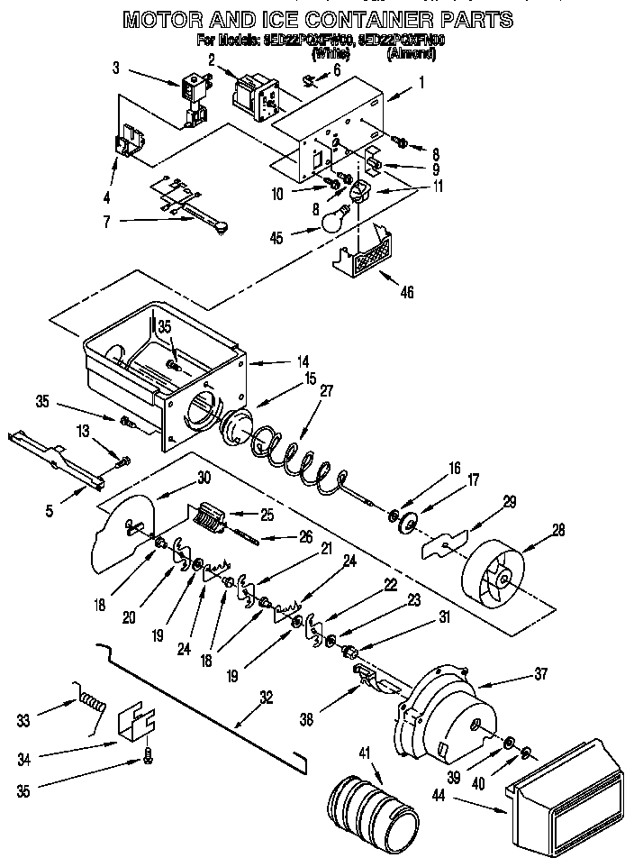 Whirlpool 8ED22PQXFN00 motor and ice container diagram