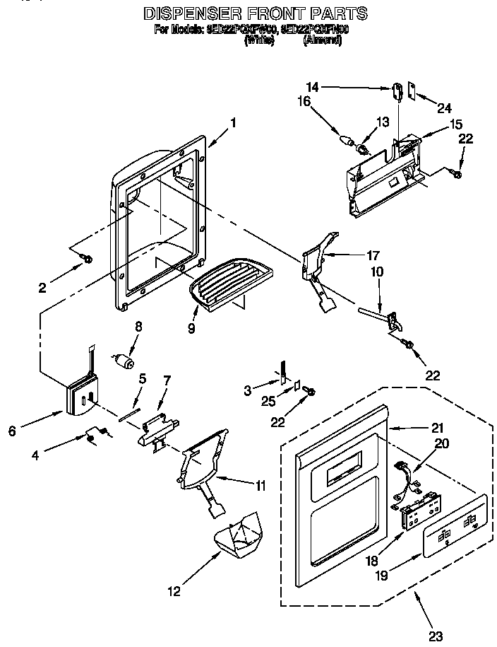 Whirlpool 8ED22PQXFN00 dispenser front diagram