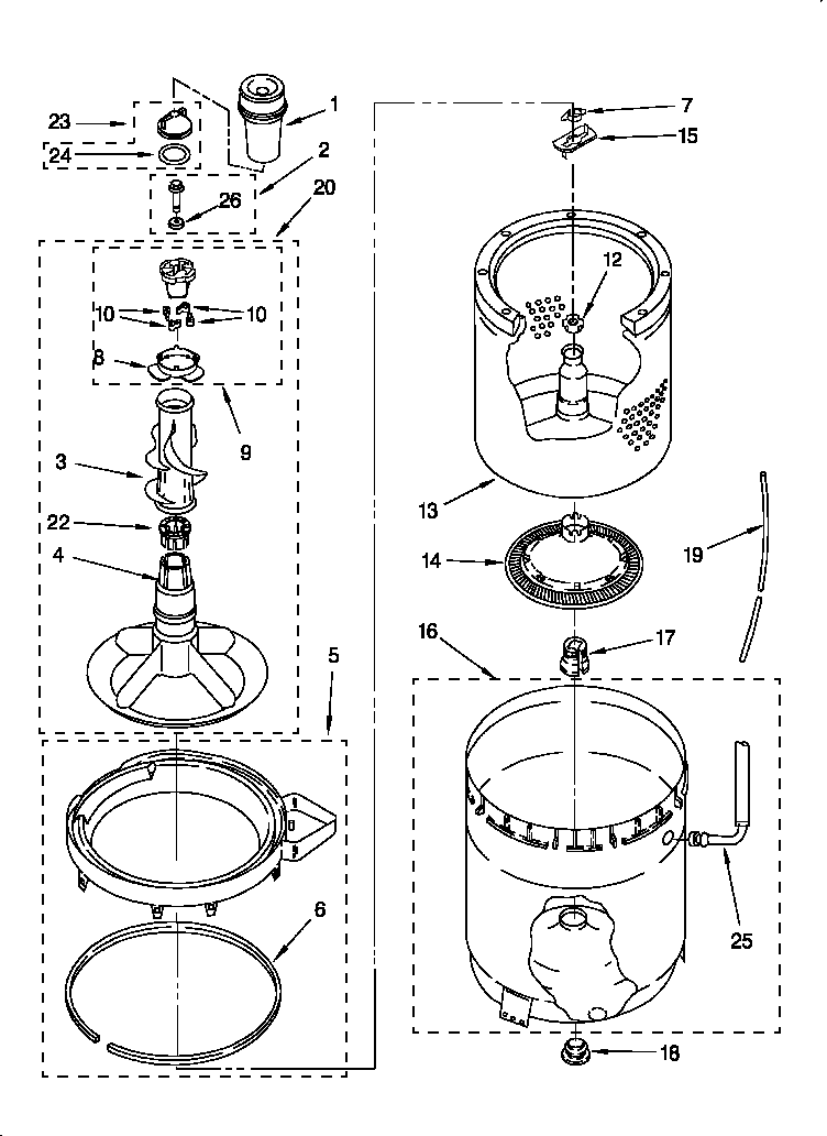 Whirlpool 6LSC8255EQ1 agitator, basket and tub diagram