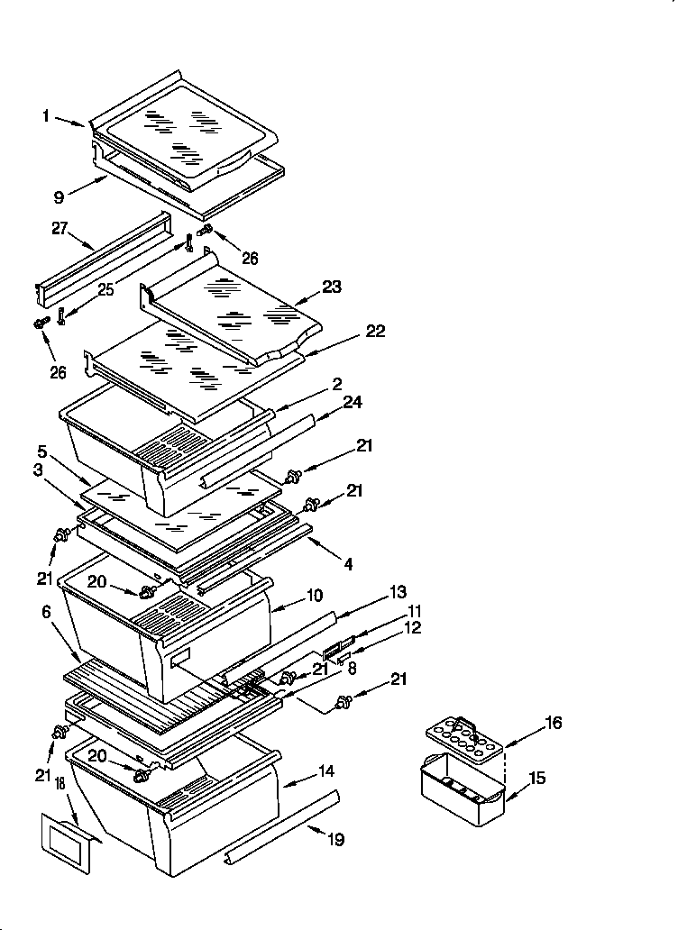 Whirlpool 3VED29DQFN00 refrigerator shelf diagram
