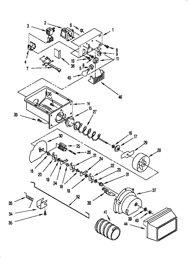 Whirlpool 3VED29DQFN00 motor and ice container diagram