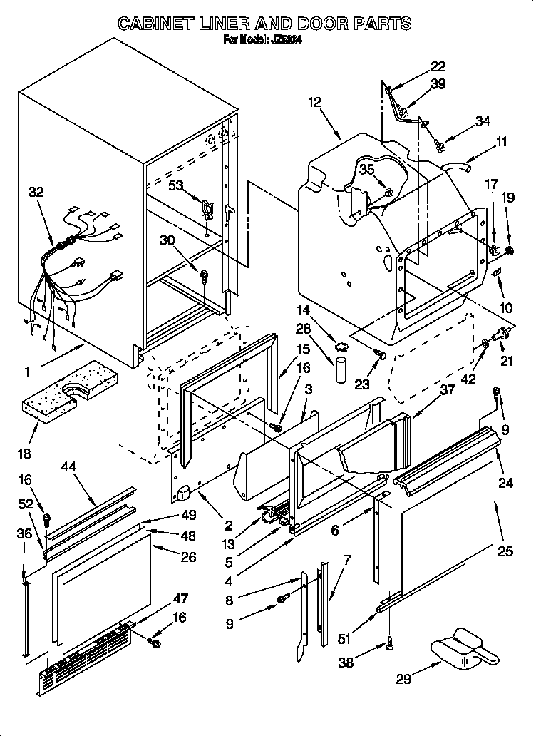 Whirlpool JZ5064 cabinet liner and door diagram