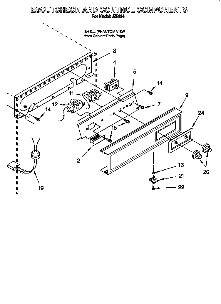 Whirlpool JZ5064 escutcheon and control components diagram