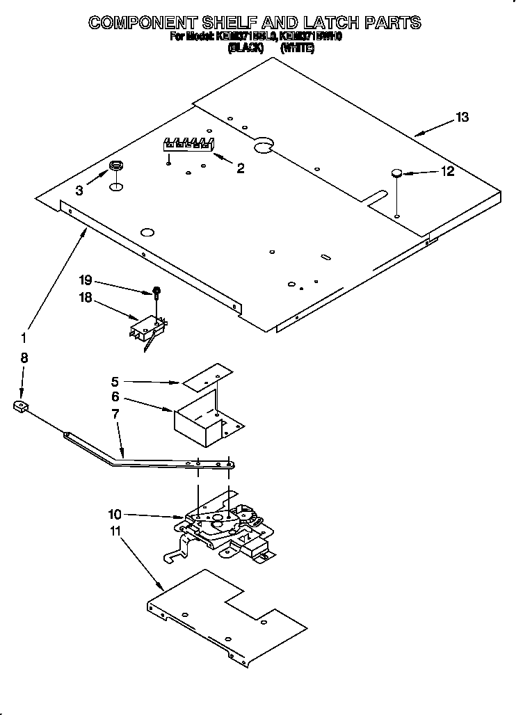 KitchenAid KEMI371BBL0 component shelf and latch diagram