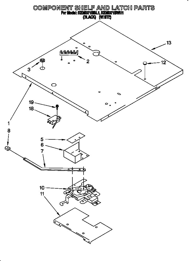 KitchenAid KEMI371BWH1 component shelf and latch diagram