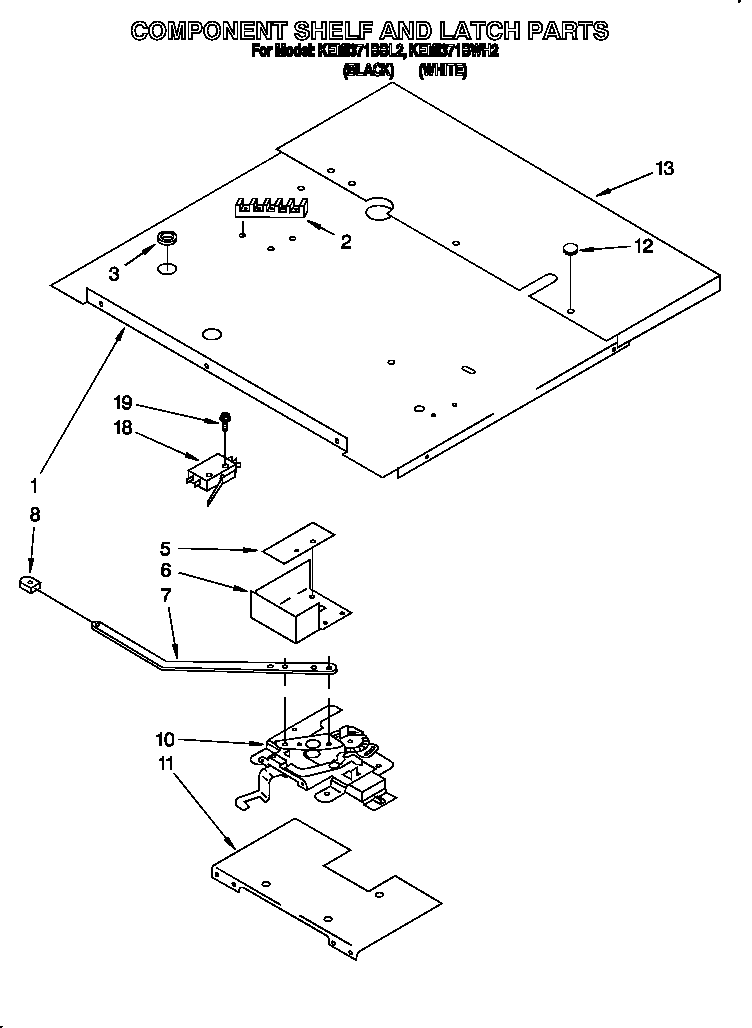 KitchenAid KEMI371BBL2 component shelf and latch diagram