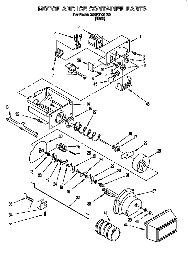 Whirlpool 3XART721F00 motor and ice container diagram