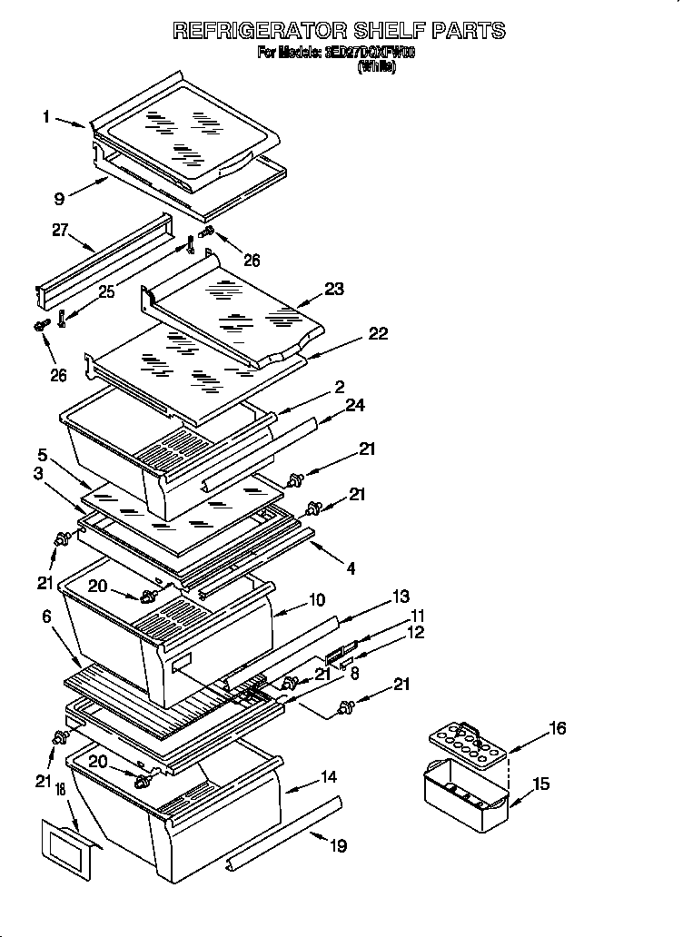 Whirlpool 3ED27DQXFW00 refrigerator shelf diagram