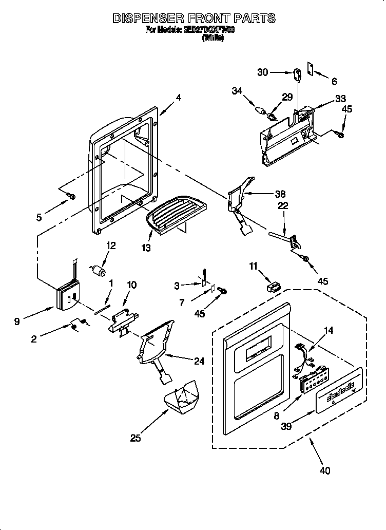 Whirlpool 3ED27DQXFW00 dispenser front diagram