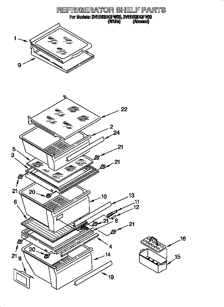 Whirlpool 3VED23DQFN00 refrigerator shelf diagram