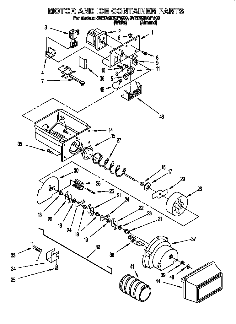 Whirlpool 3VED23DQFN00 motor and ice container diagram