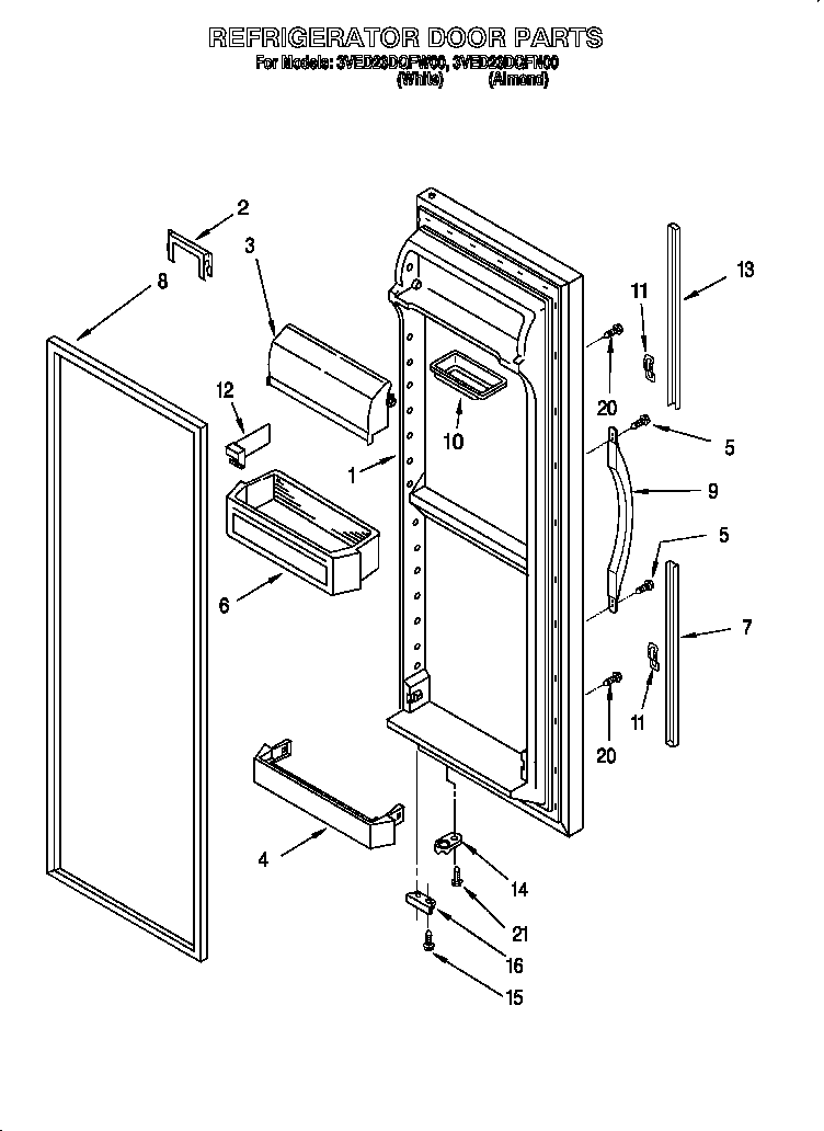 Whirlpool 3VED23DQFN00 refrigerator door diagram